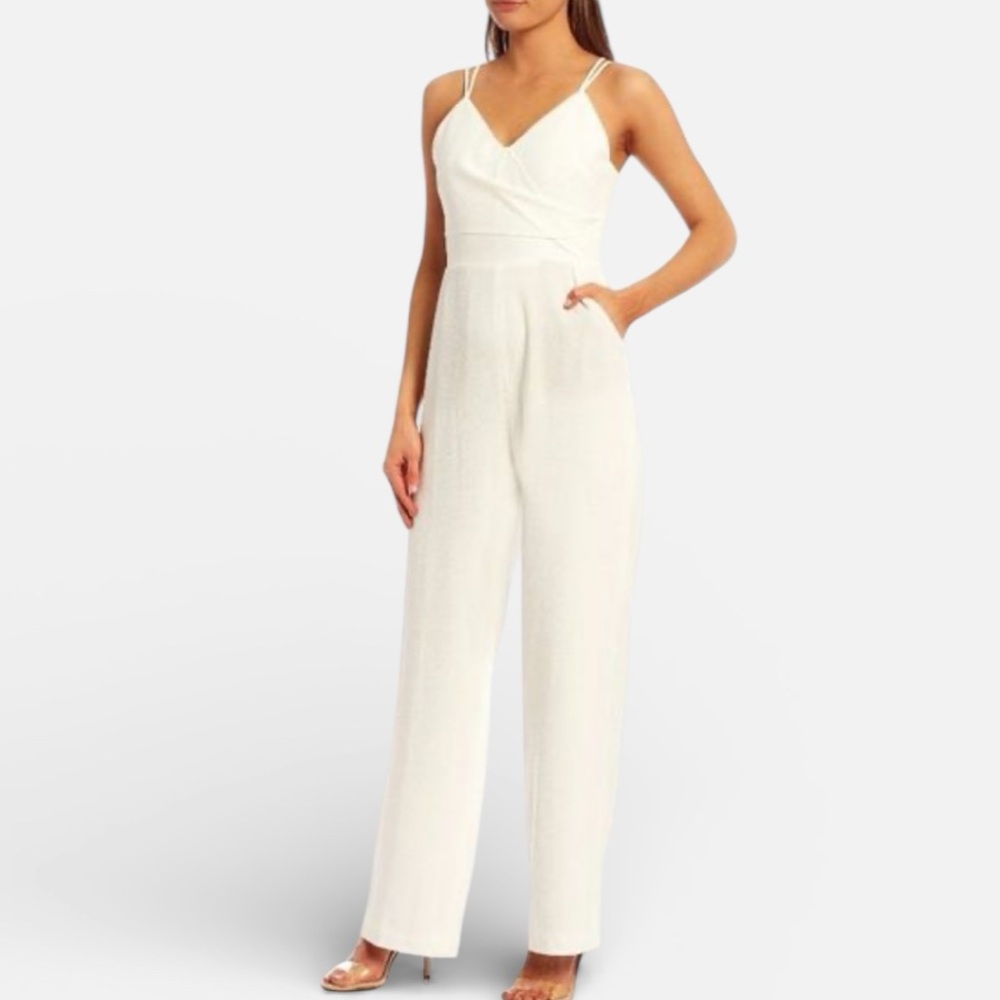 Dress the Population Braxton V-Neck Wide Leg Jumpsuit Off-White NEW Large